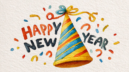 watercolor illustration of a party hat and streamers with "Happy New Year" text, bright palette, festive arrangement