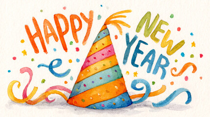 watercolor illustration of a party hat and streamers with "Happy New Year" text, bright palette, festive arrangement