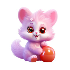Fototapeta premium Cute pink kitten toy character playing with a ball on white background with copy space