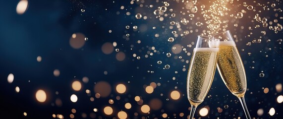 Champagne glasses clink, golden bubbles and glitter fly. Festive, elegant atmosphere with warm lights on dark blue—perfect for banner of New Year’s, celebrations.