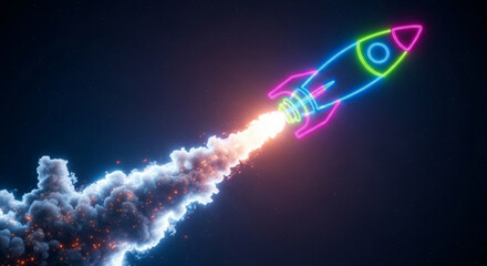 Neon rocket launch illustration for startup business growth and success in outer space with smoke trail art