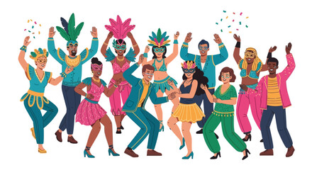 Vibrant carnival celebration with a diverse group of people dancing enthusiastically, enjoying festive music and scattered confetti