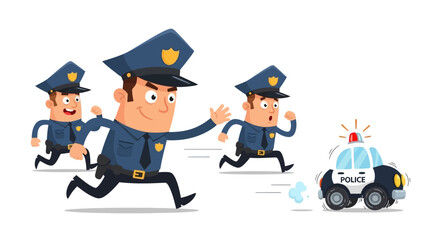 A team of funny cartoon police officers in uniform running in a comical pursuit of a speeding toy car
