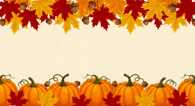Thanksgiving text with pumpkins and autumn leaves border