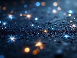 Enigmatic dance of sparkling lights illuminating a textured, dark, grainy surface