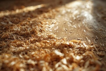 Wood shavings create a textured carpet on a workshop floor, bathed in warm sunlight