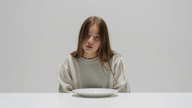 Young woman sitting at a white table with an empty plate, head lowered, expressing sadness and loneliness in a minimalist setting.
