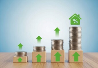 Financial growth and real estate investment concept — rising stacks of coins with wooden blocks, green arrows, and house icon on light blue background
