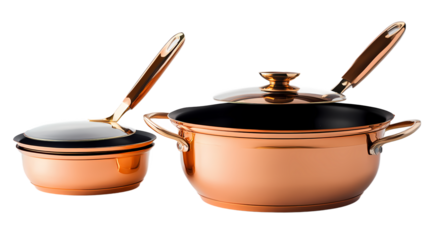 Elegant copper cookware set featuring a large pot and a smaller saucepan on a clean, white background