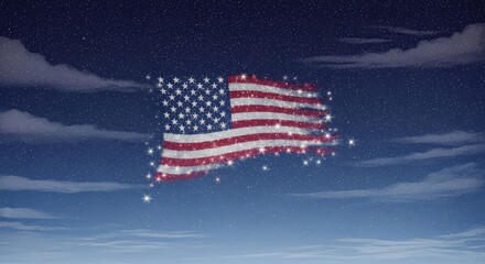 Patriotic American flag shimmers with starlight against a serene starry night sky backdrop design