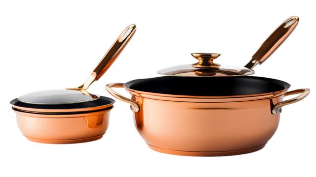 Elegant copper cookware set featuring a large pot and a smaller saucepan on a clean, white background - Powered by Adobe