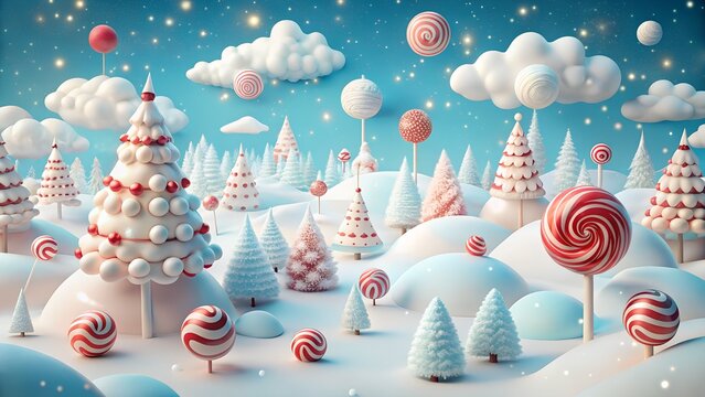 Photo of whimsical winter wonderland with candythemed christmas trees, lollipops, and fluffy clouds under a sparkling blue sky, creating a sweet fantasy scene