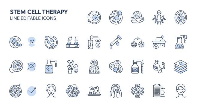 Modern stem cell therapy line icons representing medical research, scientific innovation, and advanced regenerative medicine for healthcare professionals