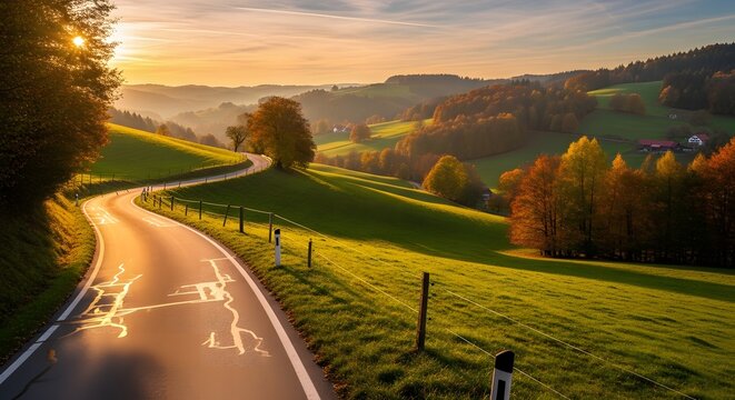Scenic country road winding through rolling hills at golden hour sunset - Powered by Adobe