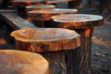Fototapeta premium Round wooden stools made from tree logs offer a charming and eco friendly seating solution in a natural outdoor setting