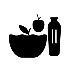 Still life illustration of a bowl of apples and a bottle