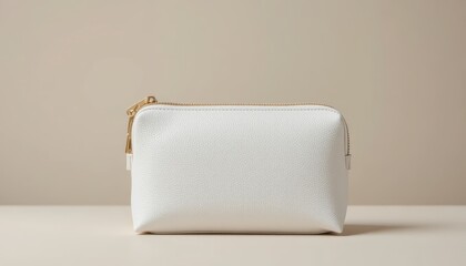 Chic white cosmetic bag with golden zipper on a neutral background, ideal for organizing beauty essentials with a touch of elegance and sophistication