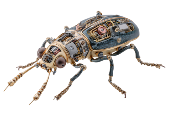 Steampunk mechanical beetle with intricate details on transparent background