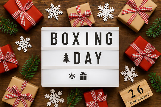 Boxing day holiday concept with a lightbox sign and wooden calendar showing december 26, surrounded by wrapped gifts, snowflakes, and fir tree branches