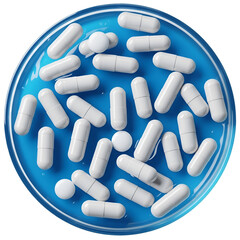 White Capsules and Pills in Blue Petri Dish