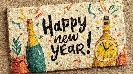 a festive new year's card featuring an illustration of confetti and streamers bursting from the top edge of a clock face, with "happy new year!" 