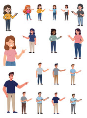 Fototapeta premium Pointing People Vector Set Cartoon Men and Women Characters Presentation and Education Illustration Collection