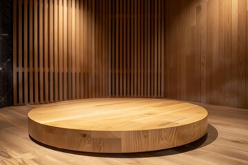 Empty circular wooden product display platform in contemporary showroom with warm lighting and slatted partition