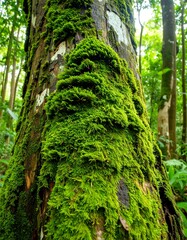 Lush green moss clinging to a tree trunk in a dense forest