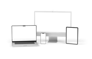 Modern devices screens isolated on transparent background. Smartphone, tablet, laptop and computer mockup. Front view. 3d rendering