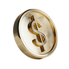Gold dollar coin with embossed symbol cut out on transparent background