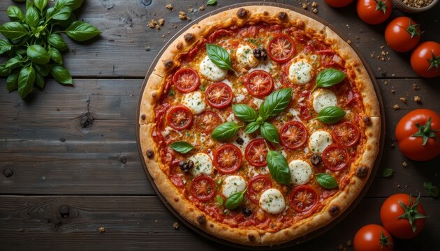 Overhead shot of a delicious homemade pizza with fresh basil, mozzarella, and ripe tomatoes on a rustic wooden table, creating a warm and inviting atmosphere