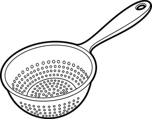 Kitchen strainer utensil with handle and holes | line art illustration for children's simple coloring book