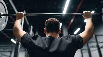Man lifts barbell at the gym, back view, focused. Strength training with weights for fitness and exercise. Strong arms, black t-shirt.