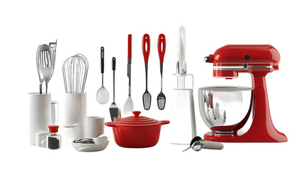 Kitchen scene showcasing a vibrant red mixer surrounded by various cooking utensils and tools