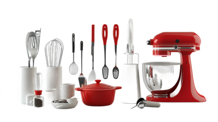Kitchen scene showcasing a vibrant red mixer surrounded by various cooking utensils and tools
