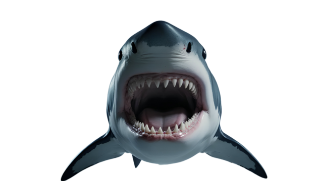 Great white shark front angle view isolated, open mouth showing teeth, cinematic lighting, photo-realistic 8k.