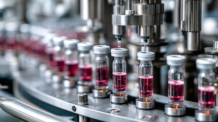 Automated Filling of Vials: Pharmaceutical manufacturing line showcasing vials being filled with liquid in a sterile environment. Precision and efficiency in action.