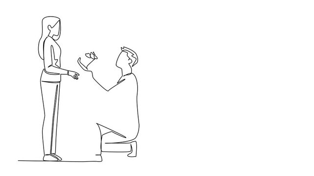 Animated self drawing of continuous one line drawing a man kneeling while giving a bouquet of flowers to a woman. True love. Bring Flowers To Someone Day. Full length single line animation
