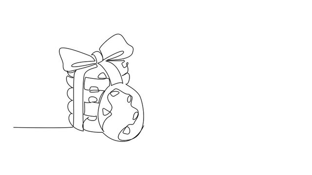 Self drawing animation of single one line drawing stack of ribboned choco chip cookies and a cup of tea. Energy source and mood enhancer in morning. National Chocolate Chip Day. Full length animated