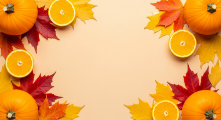 Corner composition of pumpkins, sliced oranges, and colorful autumn leaves on a light background