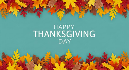 Happy thanksgiving day text with autumn leaves border on teal background