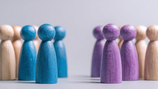 Figurines divide. The diverse groups are set apart by colors, showcasing team dynamics, competition, and different perspectives in strategic planning.