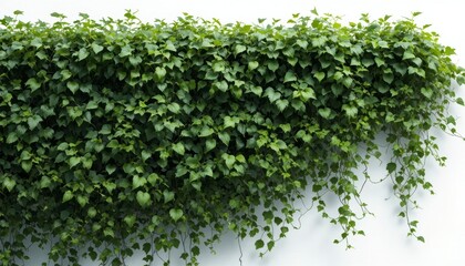 Lush green ivy cascading down a white wall, creating a natural and organic texture, isolated on white background