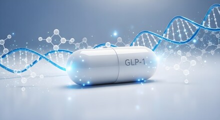 A glp-1 capsule with dna helix, symbolizing modern weight loss through biotechnology.