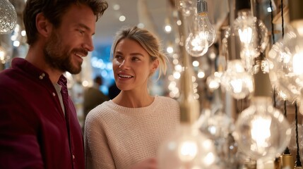 Couple smiling while looking at decorative light bulbs in a shop during the evening