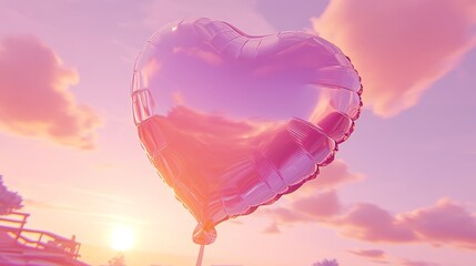 Obraz premium Heart-Shaped Balloon Rising Gracefully into a Beautiful Pastel Sky, Celebrating Love and Serenity