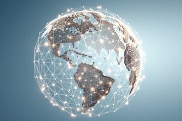 Digital globe representation showcasing interconnected networks across continents, with a gradual zoom effect highlighting intricate details and vibrant connections in motion - Powered by Adobe