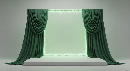 Elegant green velvet curtains framing a glowing light panel on a white stage