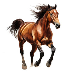 Obraz premium Majestic brown horse galloping through an open field with a vibrant blue sky in the background