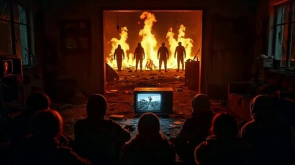 Watching survival movie together as the world burns outside, a stark contrast of entertainment and reality in dystopian setting, a commentary on modern escapism